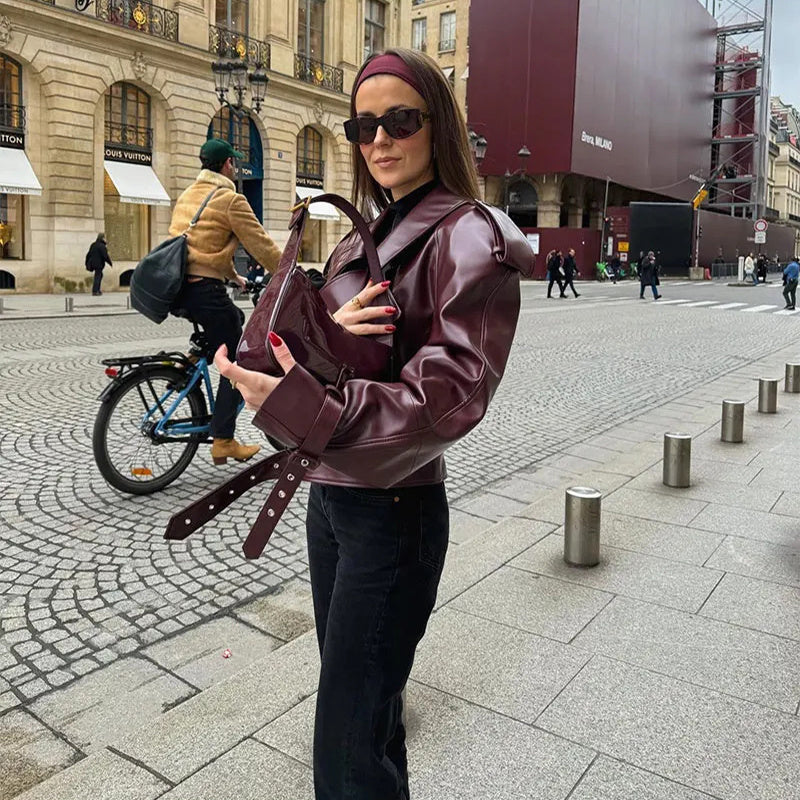 Loose Lapel Leather Jacket Fashion Cropped Tops Streetwear For Womens