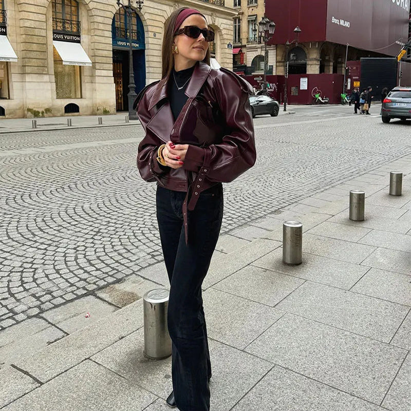 Loose Lapel Leather Jacket Fashion Cropped Tops Streetwear For Womens