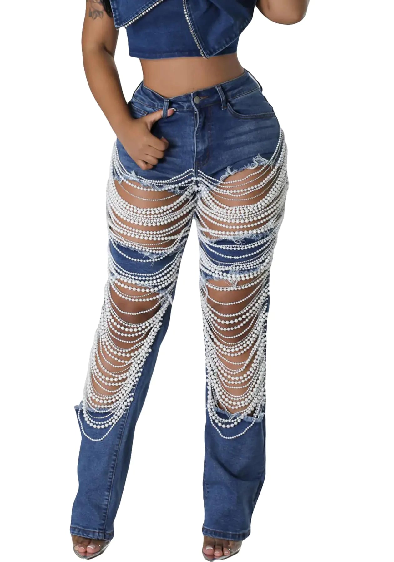 LETSVDO Womens Pearl Jeans High Waisted Destroyed Fringe Rhinestones Straight Leg Cut Out Stretchy Jeans Pants
