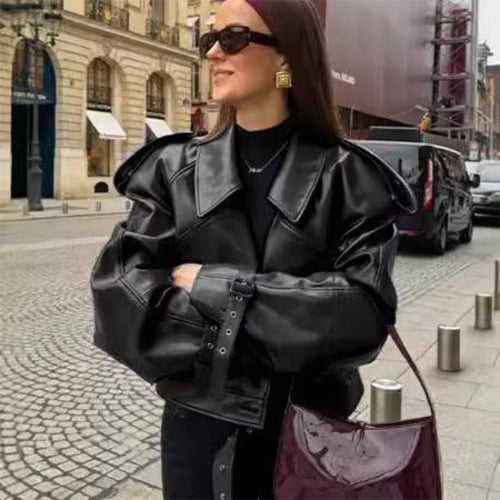 Loose Lapel Leather Jacket Fashion Cropped Tops Streetwear For Womens