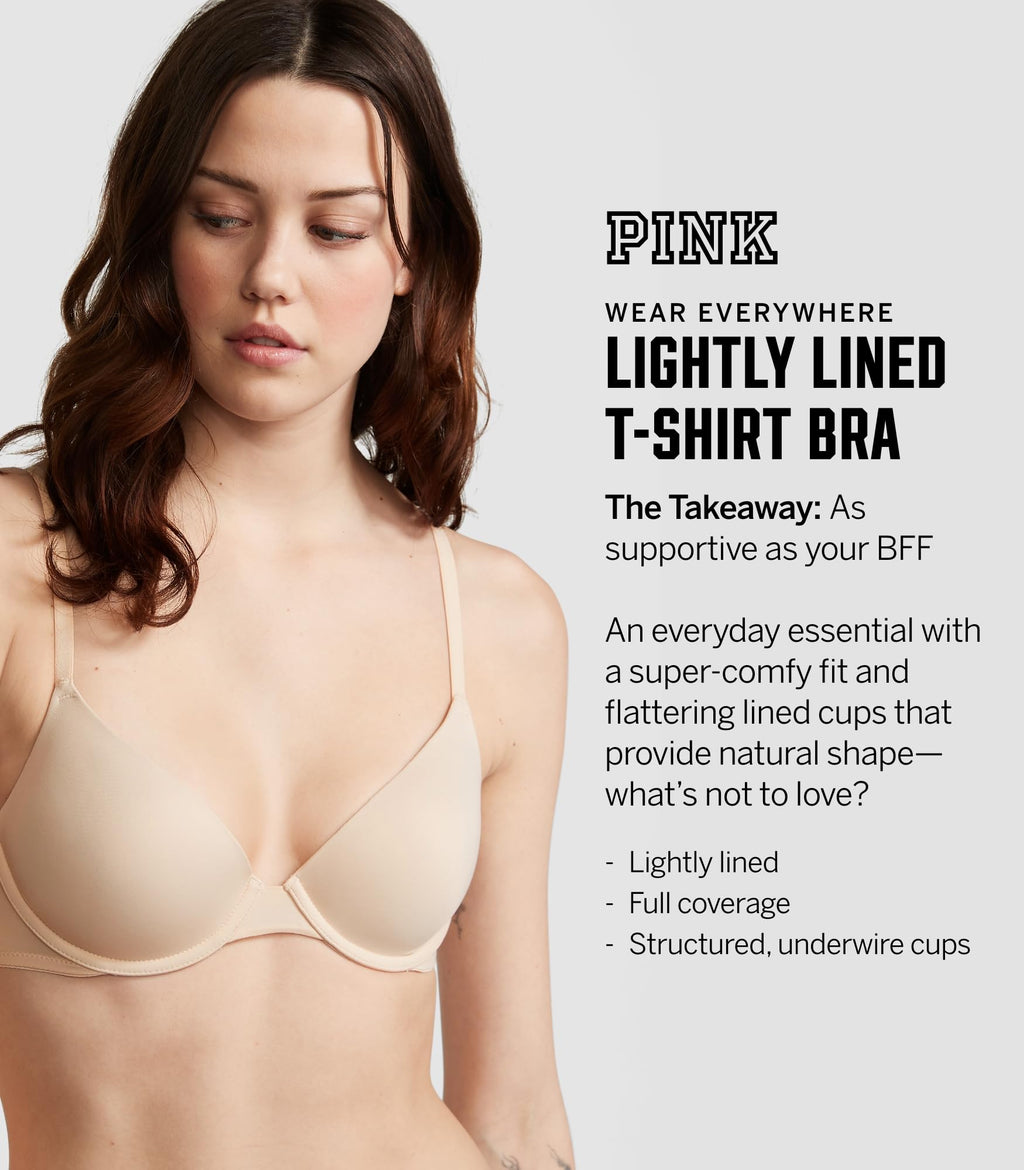 Victoria's Secret Women's Pink Wear Everywhere Lightly Lined T-Shirt Bra Bundle, Bras for Women, Black/White Logo, (36D)