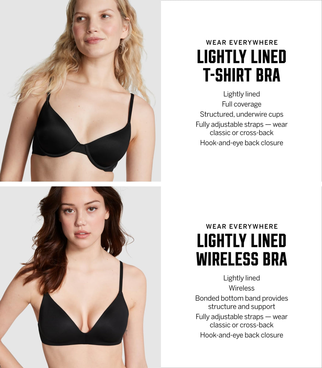 Victoria's Secret Women's Pink Wear Everywhere Lightly Lined T-Shirt Bra Bundle, Bras for Women, Black/White Logo, (36D)