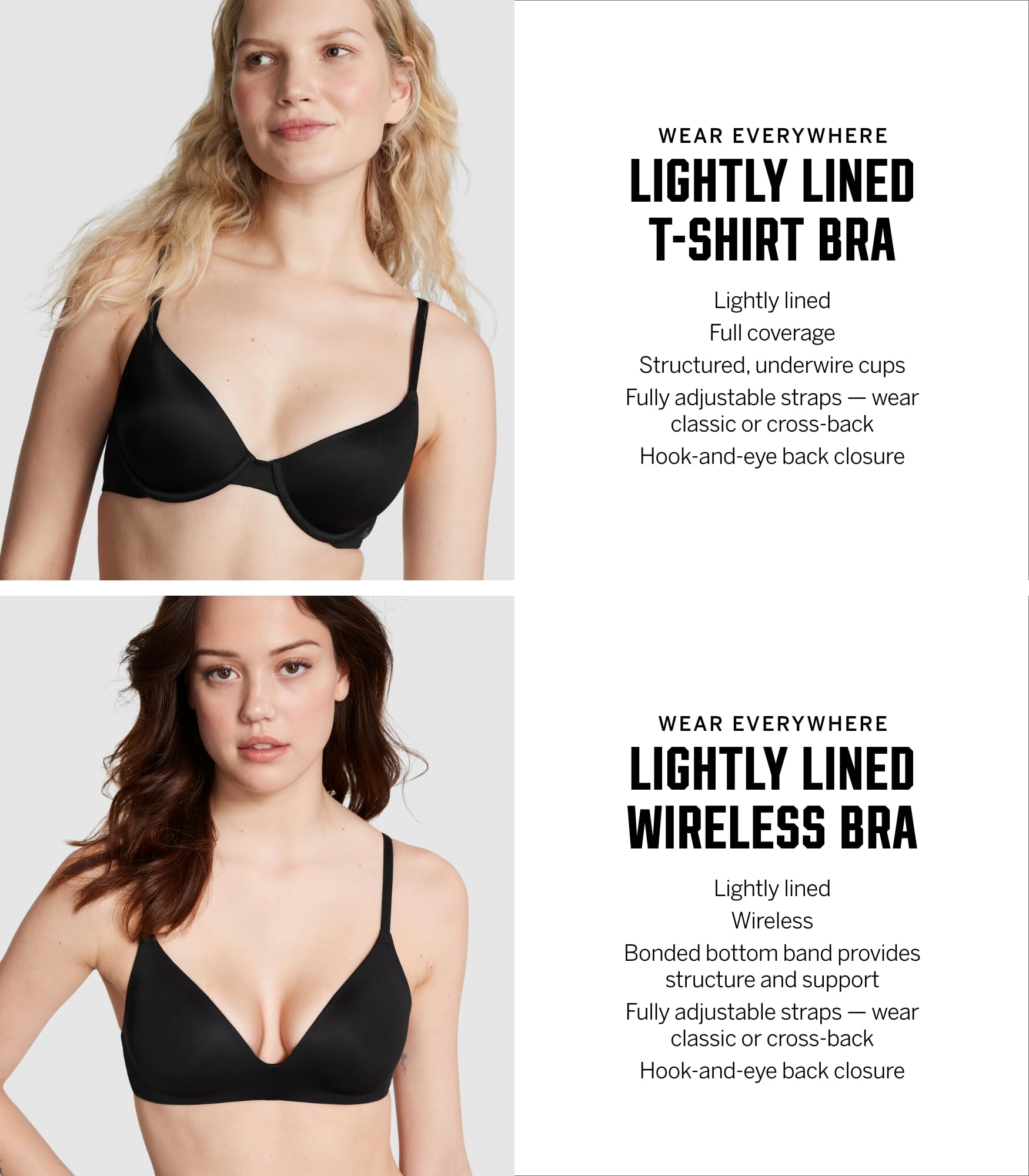 Victoria's Secret Women's Pink Wear Everywhere Lightly Lined T-Shirt Bra Bundle, Bras for Women, Black/White Logo, (36D)