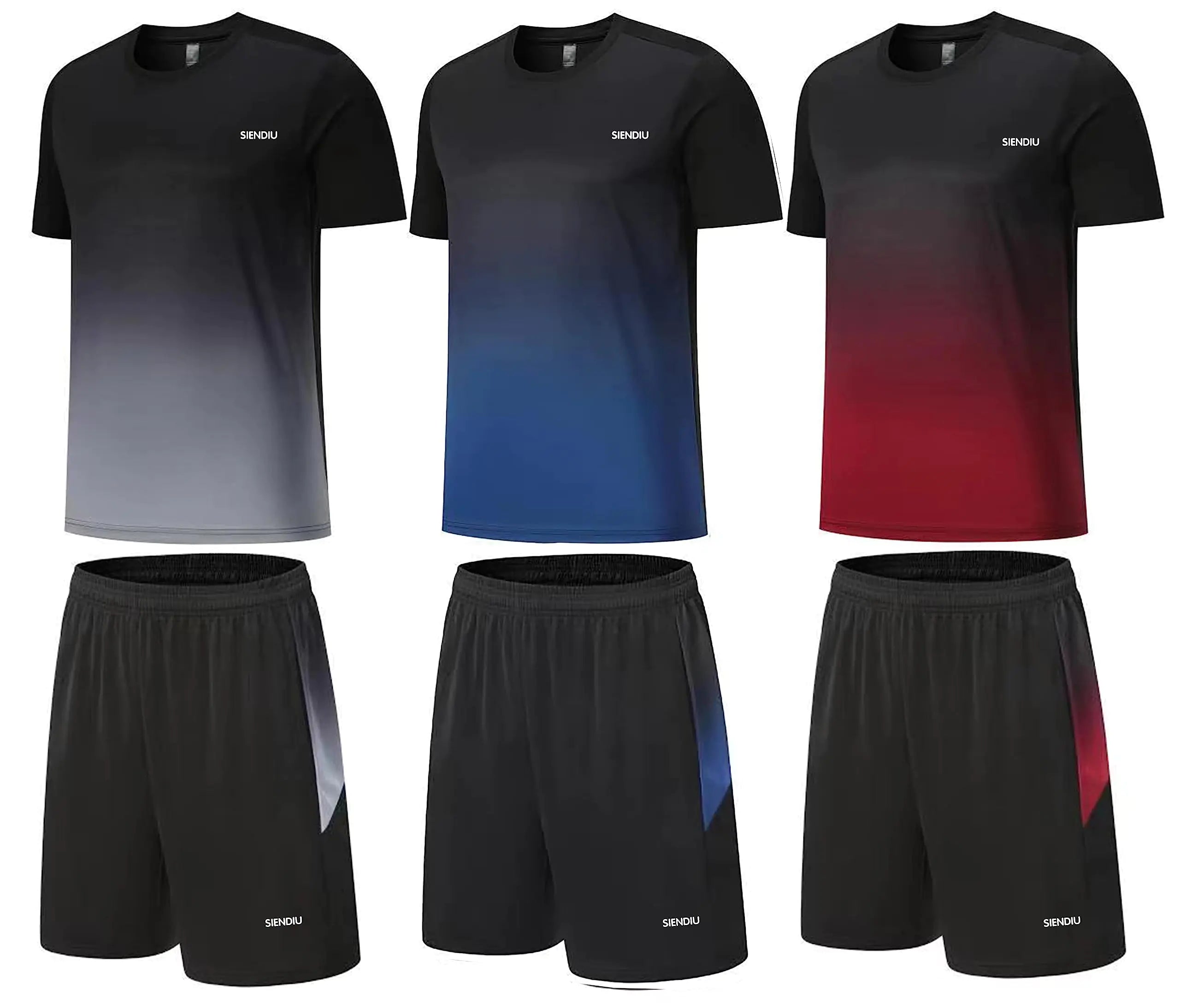 SIENDIU Mens Workout Sets Athletic Clothes Soccer Shirts Shorts 3 Pack Basketball Running Gym Football Outfits Summer