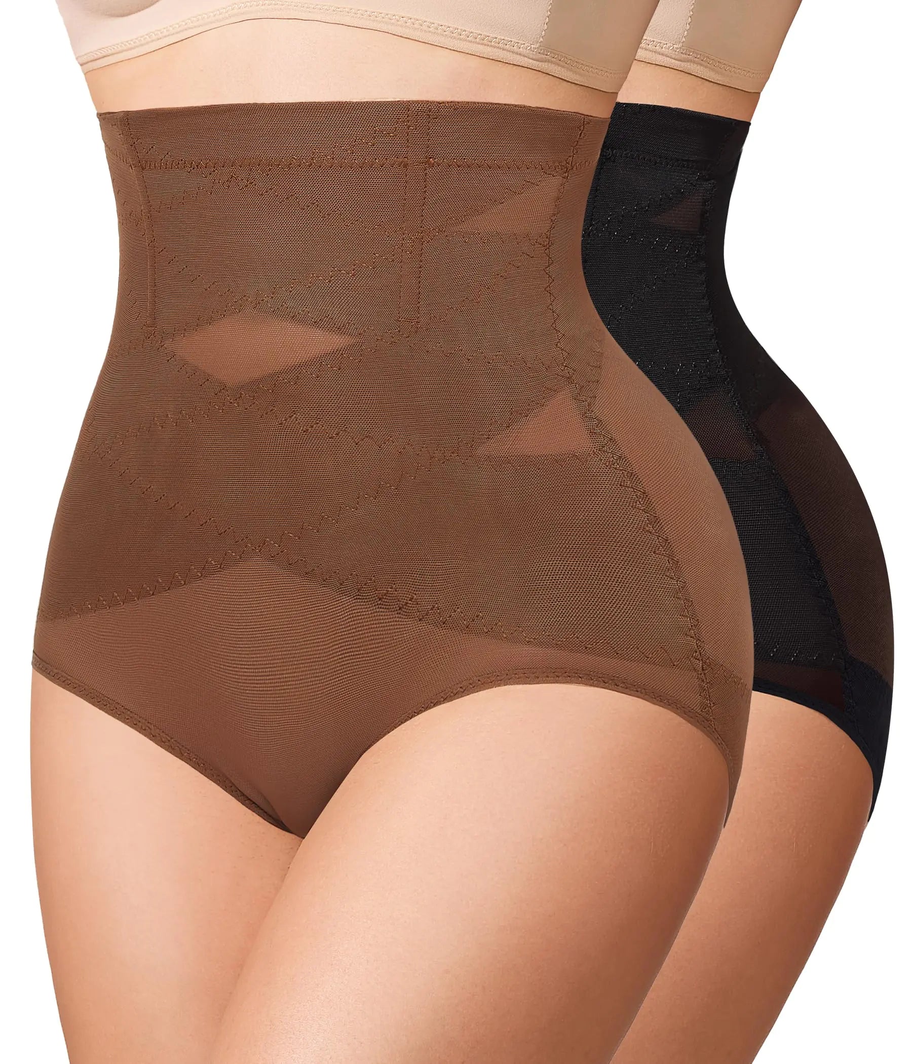 Nebility 2 Pack Shapewear Tummy Control Underwear for Women High Waisted Body Shaper Girdle Panty Black/Brown