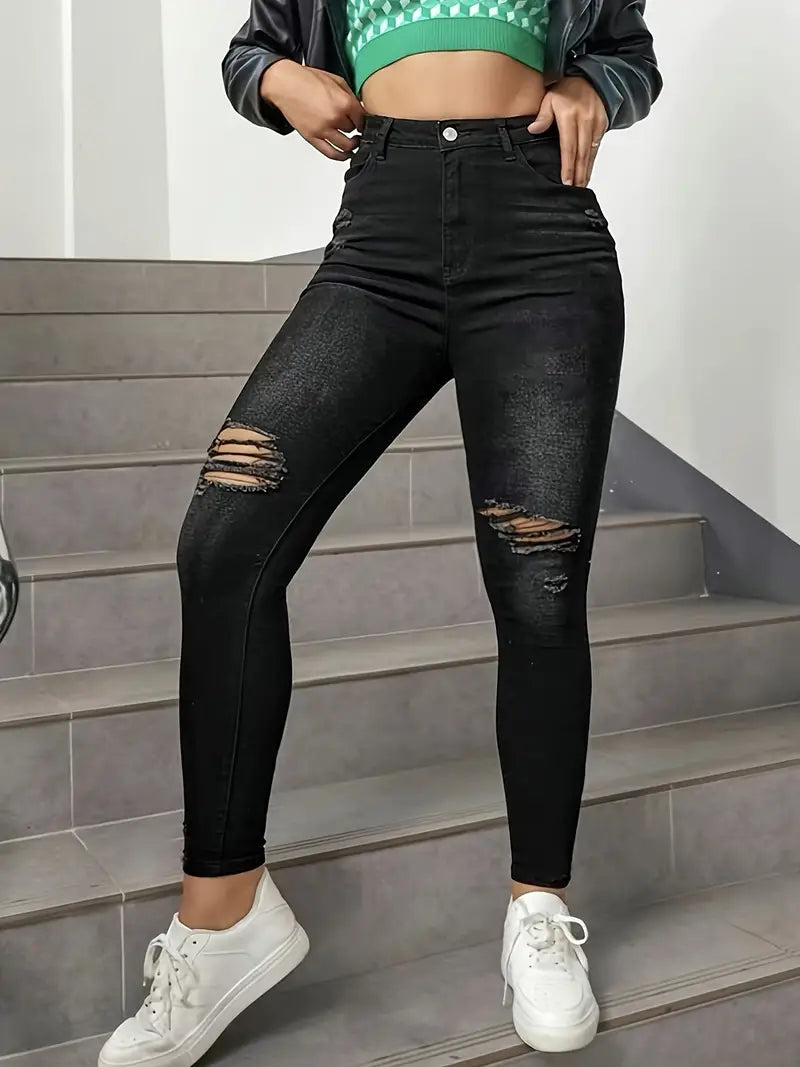 High Waisted Distressed Denim Jeans with Cut Out Knees
