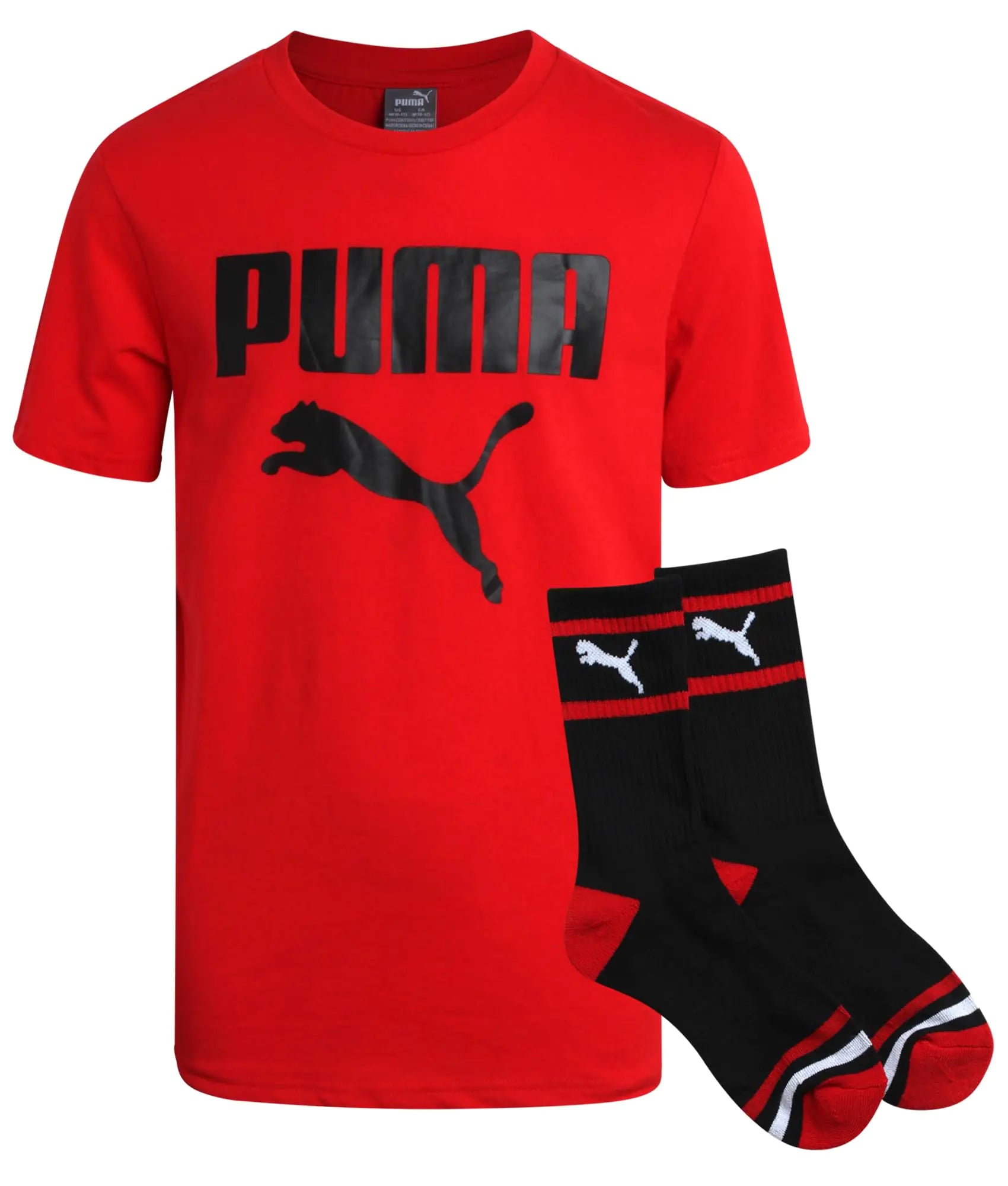 PUMA Boys T-Shirt - 2 Piece Short Sleeve Graphic Tee and Athletic Crew Socks - Matching Shirt and Socks for Boys (S-XL) Size X-Large Red/Black