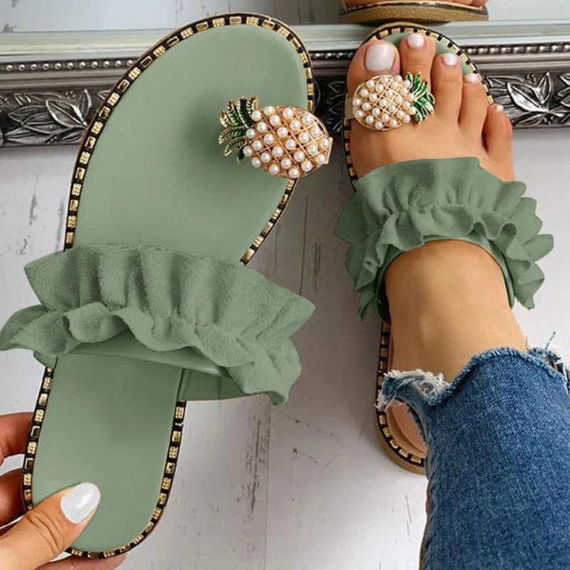 Pineapple Pearl Womens Slippers Flat Toe Casual Beach Slides 