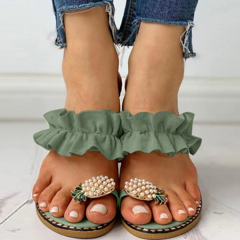 Pineapple Pearl Womens Slippers Flat Toe Casual Beach Slides 