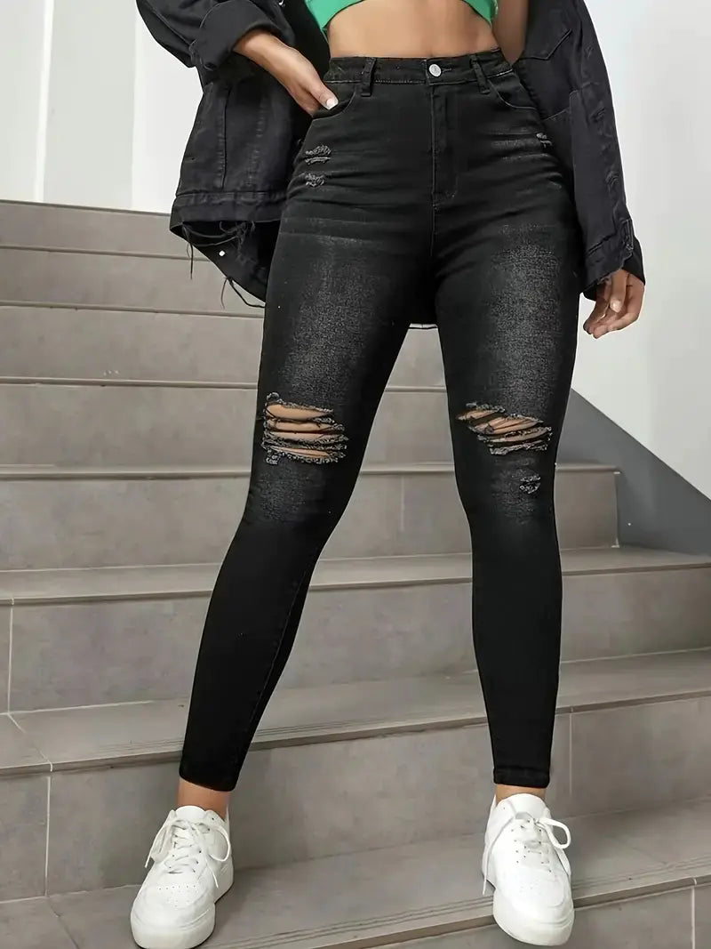 High Waisted Distressed Denim Jeans with Cut Out Knees