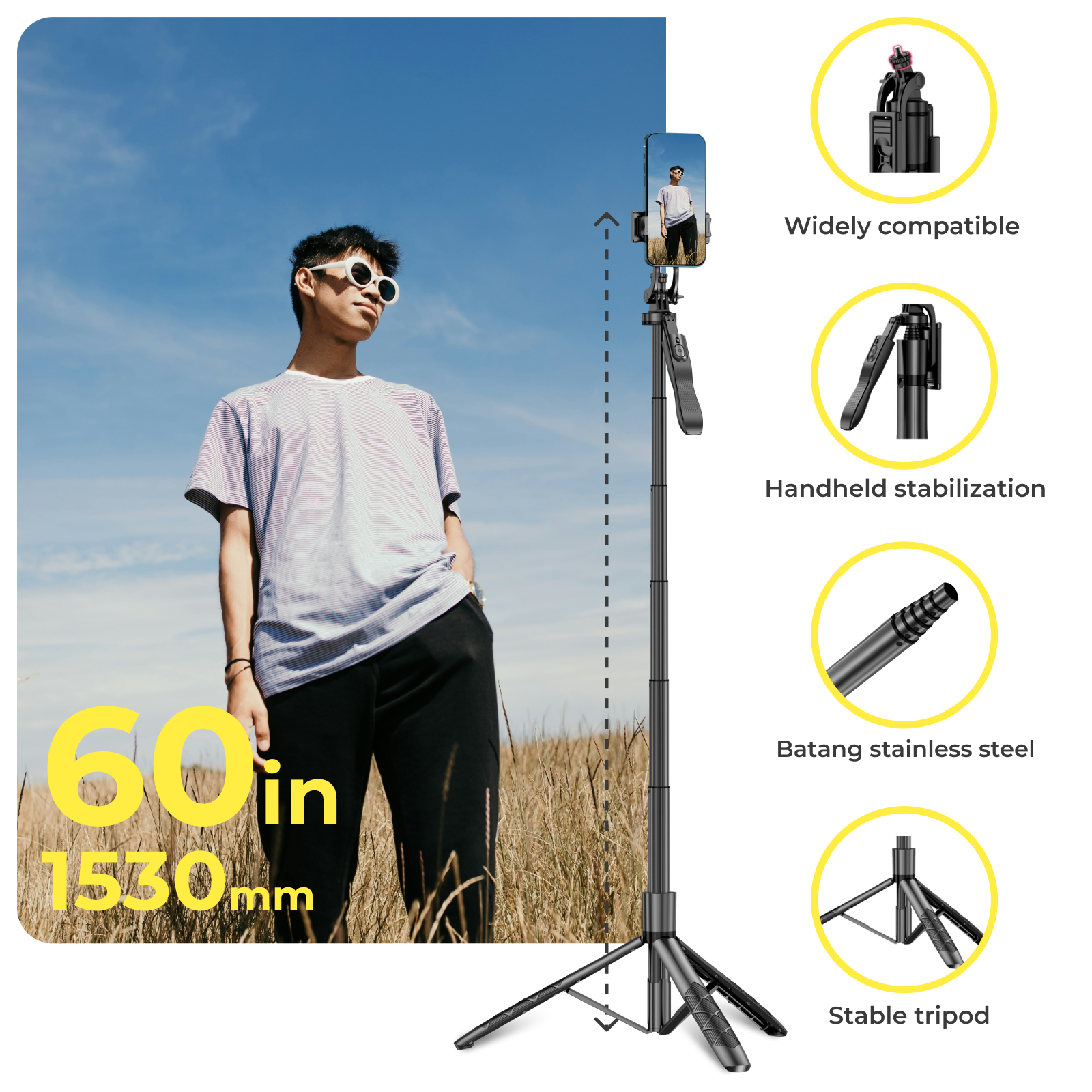 Phone tripod 62 inch selfie stick for cell phone with remote 