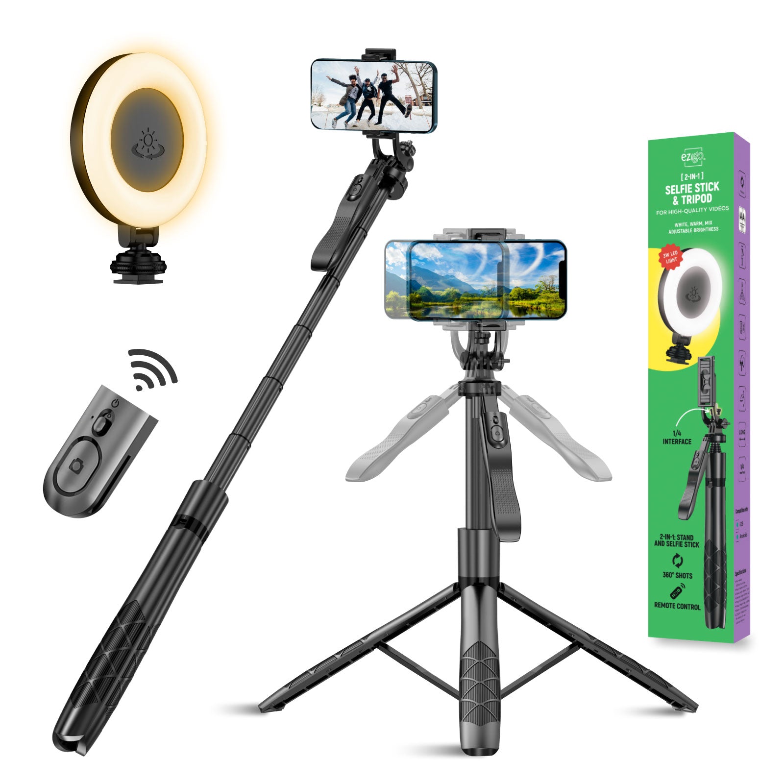 Phone tripod 62 inch selfie stick for cell phone with remote 