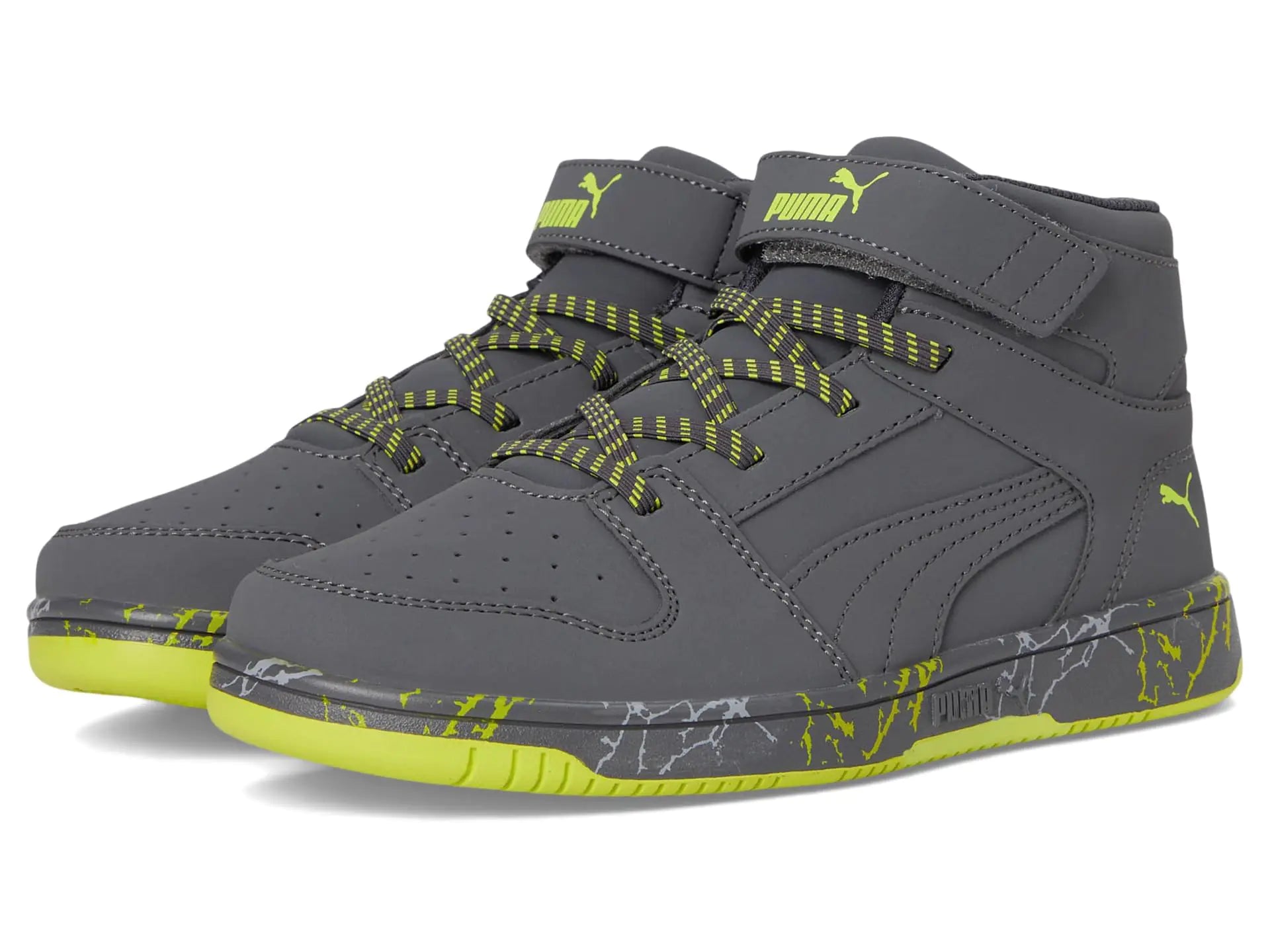PUMA Rebound Layup Mid Hook and Loop Sneaker Strong Gray-Strong Gray-Lime Smash 3.5 US Unisex Little Kid
