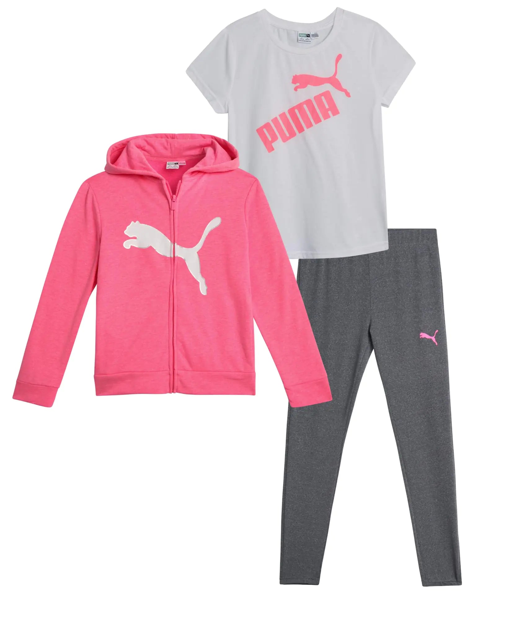 PUMA Girls Active Leggings Set - 3 Piece Fleece Hoodie Active T-Shirt and Athletic Leggings - Girls Activewear Sets (S-L) Size Small Neon Pink