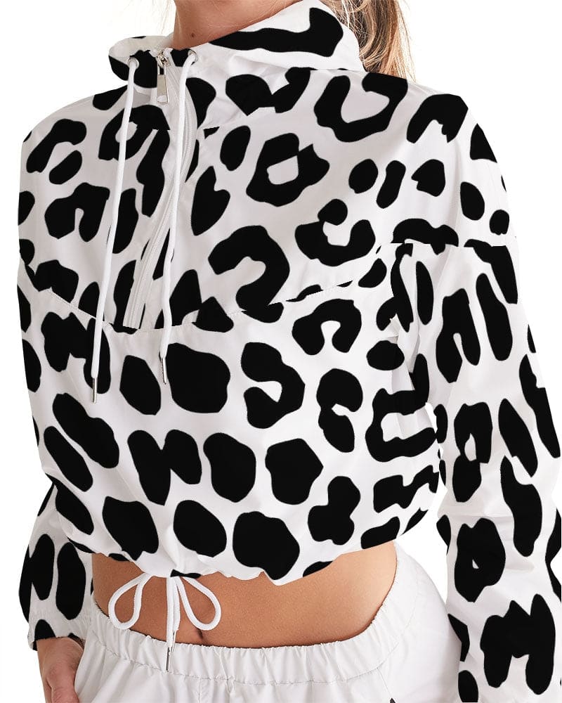 Womens Cropped Windbreaker Jacket - Black and White Leopard Print