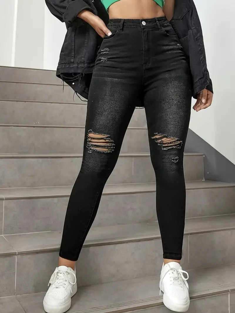 High Waisted Distressed Denim Jeans with Cut Out Knees